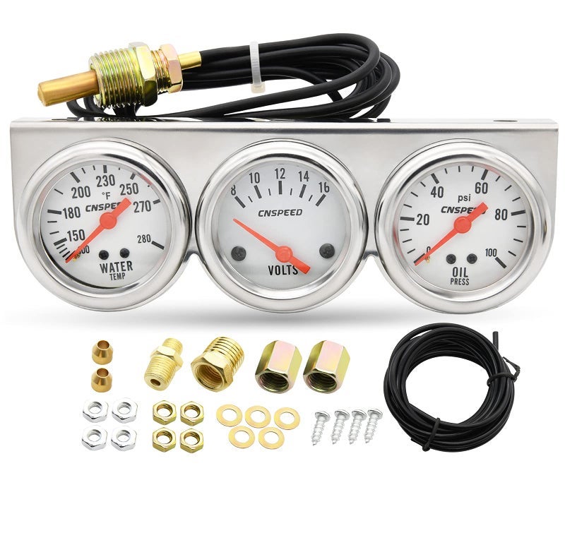 KIE Triple Gauge Kit, Oil Volt Water Gauge-2 in Chrome Oil Temp Water Temp Gauge Temperature Oil Pressure Voltage Gauge Sensor 3 in 1 Car Meter Auto Gauge - Image 2
