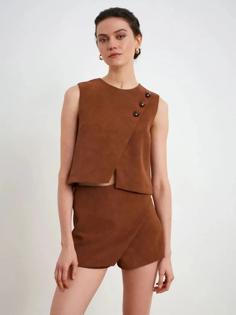 Dilvin DILVIN Crop Faux Leather Button Waistcoat
