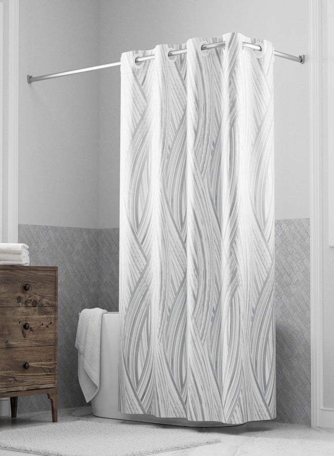 Hookless It's A Snap! Faux Silk Shower Curtain, 3-in-1 Curtain Includes Fabric Shower Curtain with Flex-On Rings & Fabric Liner with Magnets, 71" x 74", Waves Print, Silver - Image 1