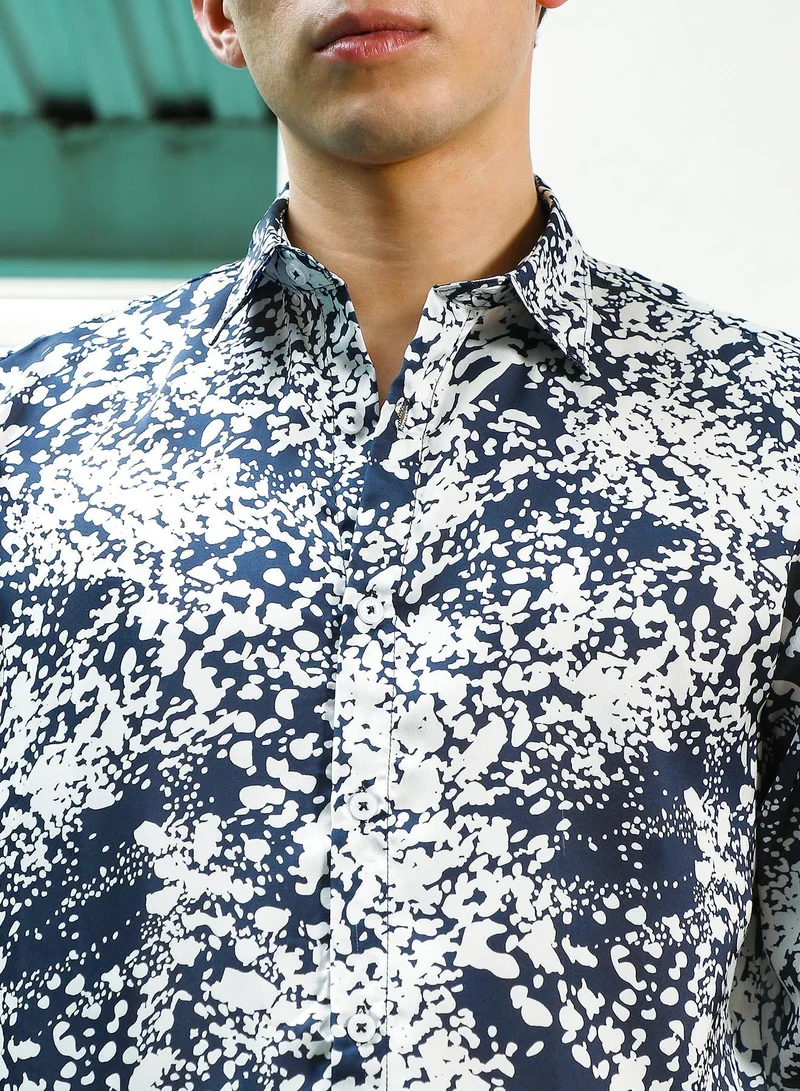 CAHOOT  Men's Navy Blue and White Abstract Pattern Rayon Shirt for Men | Best Price UAE