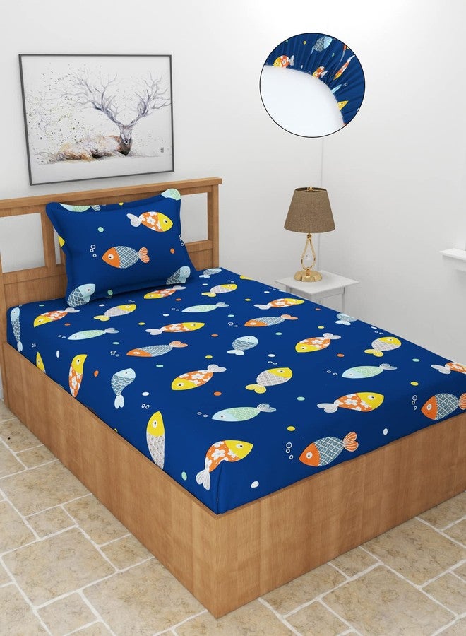 BREVARD Premium Glace Cotton 210 GSM Elastic Fitted Single Bedsheet with 1 Pillow Covers (36×72×8 Inches, DarkBlue) - Image 1