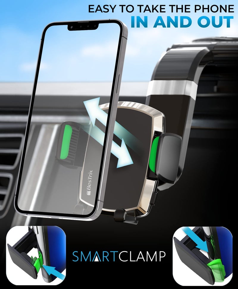 BESTRIX Phone Holder for Car, SmartClamp Car Phone Mount | Dashboard Cell Phone Car Phone Holder Compatible with iPhone 15 14 13 12 11 Pro Max, Xr, Xs, Galaxy S24 23 22 S21 S20 Ultra & All Smartphones - Image 2