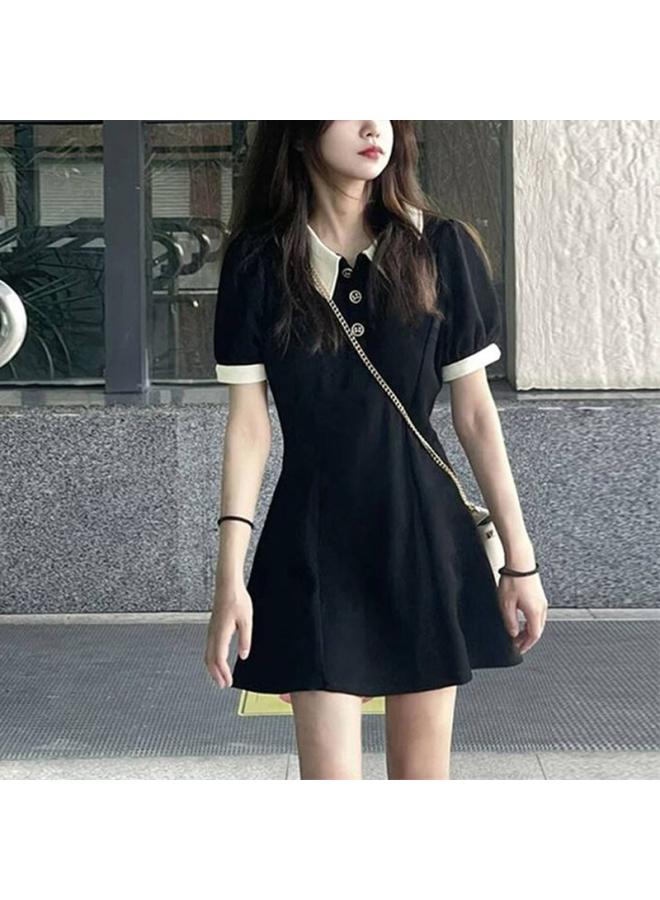 Polo Collar Button Small Black Skirt Summer Princess Dress Color Girl Dress Lapel High Waist Skirt A- Line Dress Women's Dress 