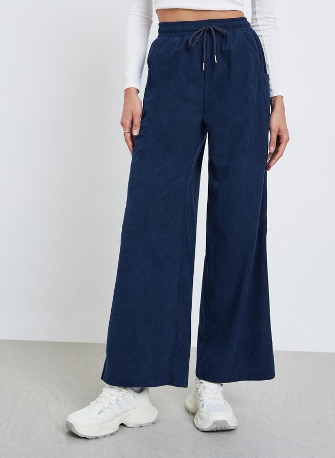 Styli Women Dark Blue Solid Corduroy Wide Leg Pants - Image 2