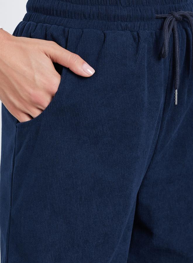 Styli Women Dark Blue Solid Corduroy Wide Leg Pants - Image 3