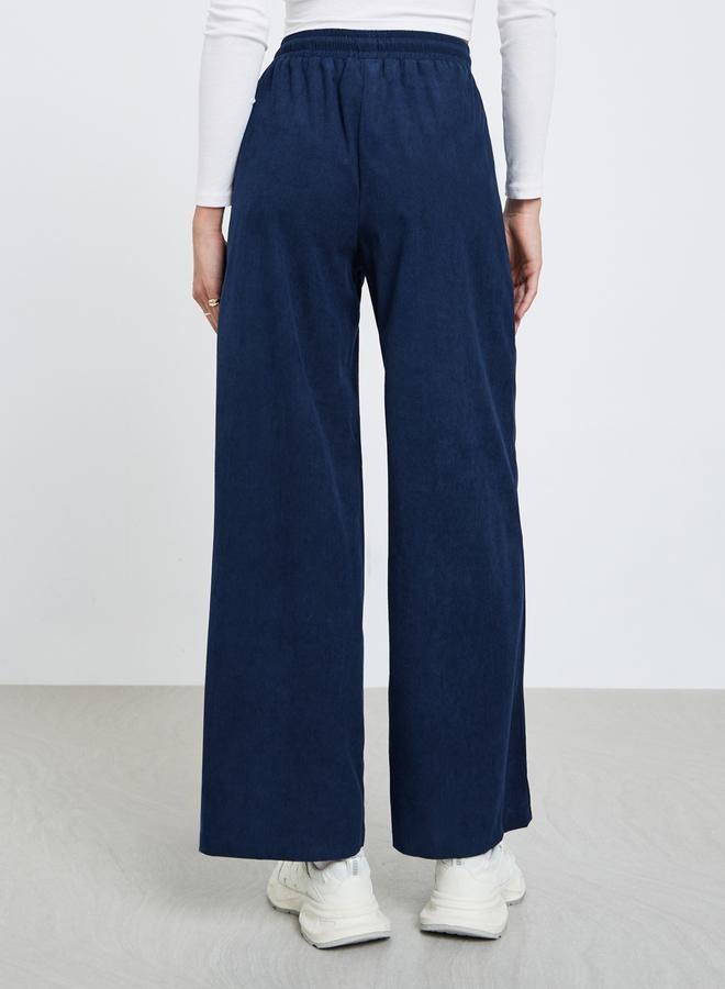 Styli Women Dark Blue Solid Corduroy Wide Leg Pants - Image 4