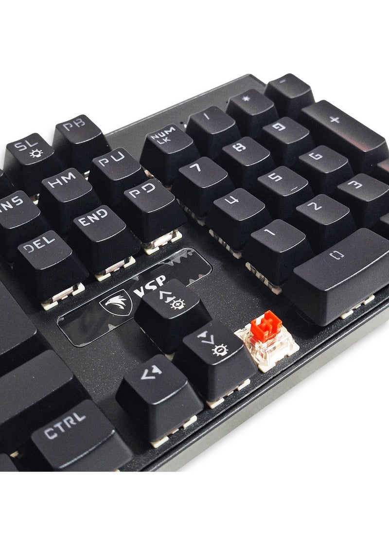 VSP - Mechanical Gaming Keyboard, model VM01-R for computer and lap top RGB Full size with 104 key, cable USB and 6pcs free pulg in switches , Speed interface , Red switch, adjustable height in to give comfort to the hand while playing . It can be used at home, office and personal use. - Image 1