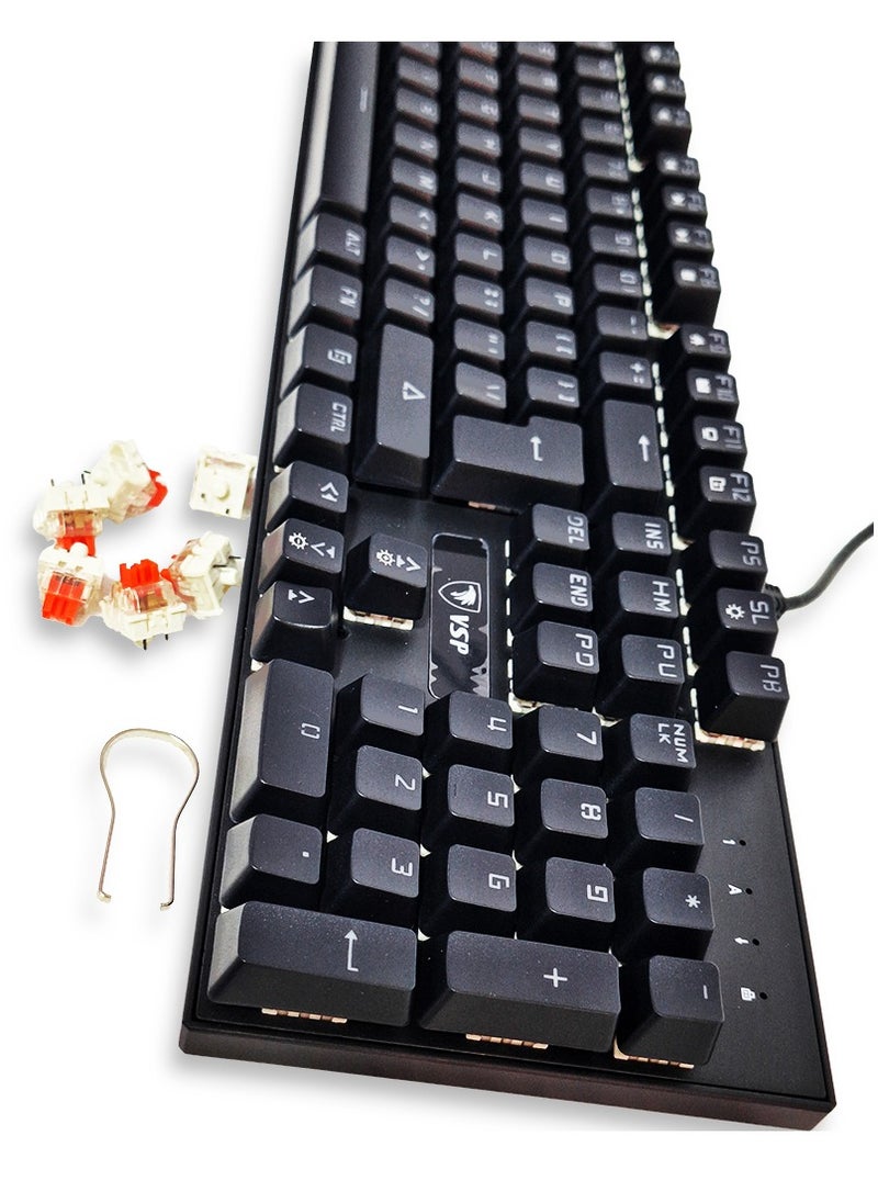 VSP - Mechanical Gaming Keyboard, model VM01-R for computer and lap top RGB Full size with 104 key, cable USB and 6pcs free pulg in switches , Speed interface , Red switch, adjustable height in to give comfort to the hand while playing . It can be used at home, office and personal use. - Image 1