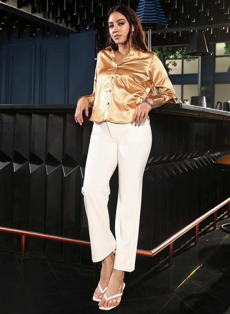 PINACOLADA  Women's Sand Beige Satin Tailored Shirt | نساء | أكمام طويلة | سادة | كاجوال | قميص | طوق منتشر for Women | Best Price UAE