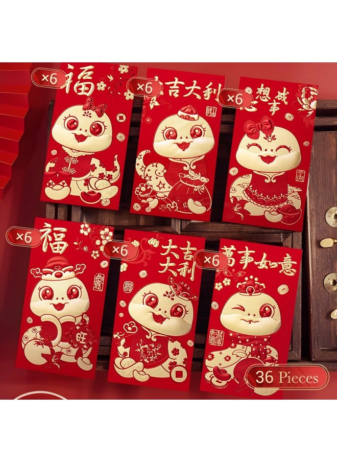 ThxToms 36Pcs Red Envelopes Chinese New Year,Red Chinese Envelopes For Money 2025 Snake Lunar New Year,6 Designs, Cute Cartoon Snake, L  - Image 3