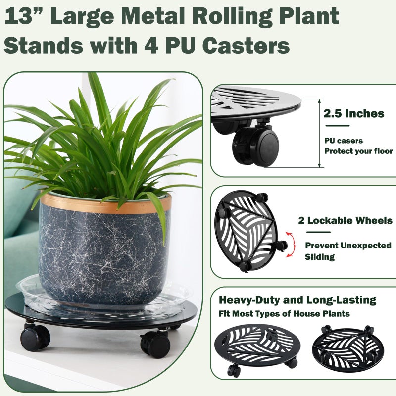 Planterhoma 2 Packs Large Metal Plant Caddy with PU Wheels 13" Heavy-Duty Wrought Iron Rolling Plant Stands Indoor Outdoor Wheeled Plant Dolly Planter Mover Rollers Plant, Leaf Style - Image 2