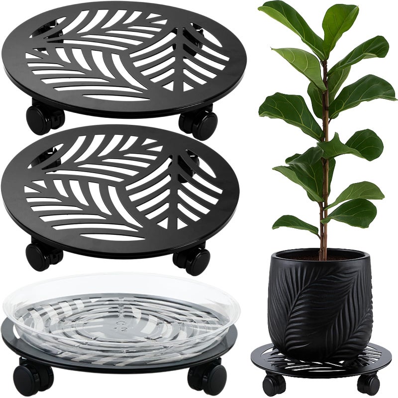 Planterhoma 2 Packs Large Metal Plant Caddy with PU Wheels 13" Heavy-Duty Wrought Iron Rolling Plant Stands Indoor Outdoor Wheeled Plant Dolly Planter Mover Rollers Plant, Leaf Style - Image 1
