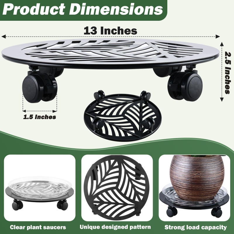 Planterhoma 2 Packs Large Metal Plant Caddy with PU Wheels 13" Heavy-Duty Wrought Iron Rolling Plant Stands Indoor Outdoor Wheeled Plant Dolly Planter Mover Rollers Plant, Leaf Style - Image 3