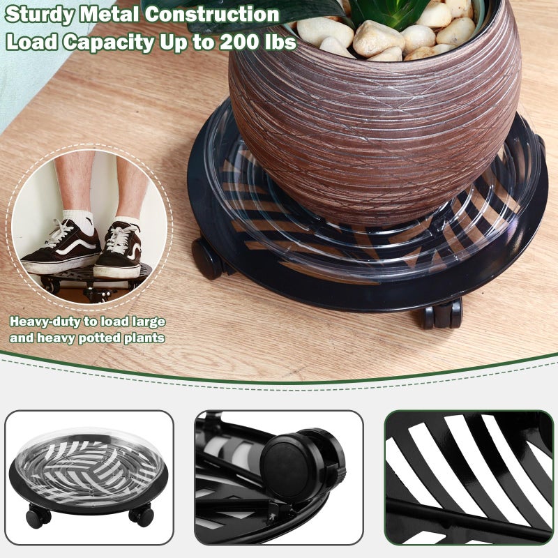 Planterhoma 2 Packs Large Metal Plant Caddy with PU Wheels 13" Heavy-Duty Wrought Iron Rolling Plant Stands Indoor Outdoor Wheeled Plant Dolly Planter Mover Rollers Plant, Leaf Style - Image 4
