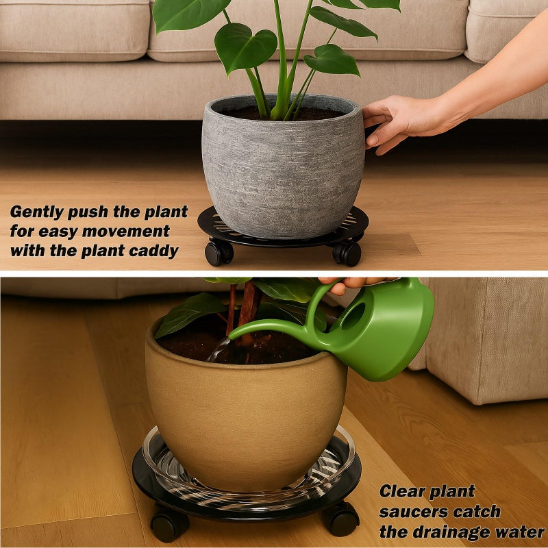 Planterhoma 2 Packs Large Metal Plant Caddy with PU Wheels 13" Heavy-Duty Wrought Iron Rolling Plant Stands Indoor Outdoor Wheeled Plant Dolly Planter Mover Rollers Plant, Leaf Style - Image 5