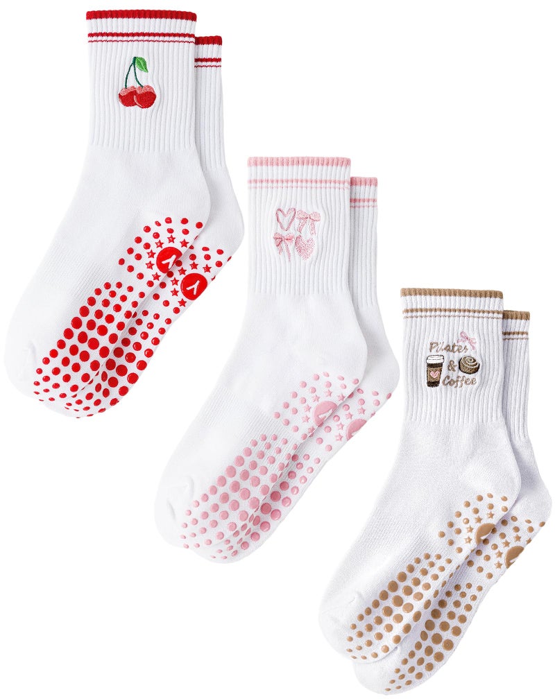 Yawlsow Pilates Grip Socks for Women Yoga Grippy Socks Cute Barre Non Skid Athletic Crew Sticky Sock Workout Hospital (US, Alpha, One Size, Regular, Regular, 3Pack-Red&Pink&Brown) - Image 1