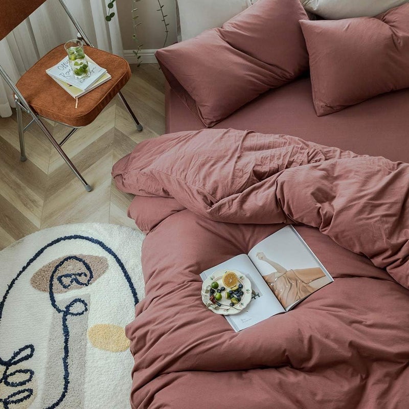 AMWAN Brick Red Duvet Cover King Knitted Cotton Solid Color Bedding Set Simple Style Jersey Knit Cotton Comforter Cover Solid Brick Red Bedding Collection 1 Duvet Cover with 2 Pillowcases King - Image 3