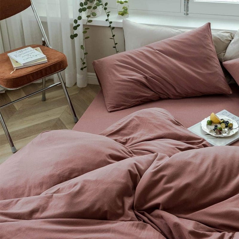 AMWAN Brick Red Duvet Cover King Knitted Cotton Solid Color Bedding Set Simple Style Jersey Knit Cotton Comforter Cover Solid Brick Red Bedding Collection 1 Duvet Cover with 2 Pillowcases King - Image 4