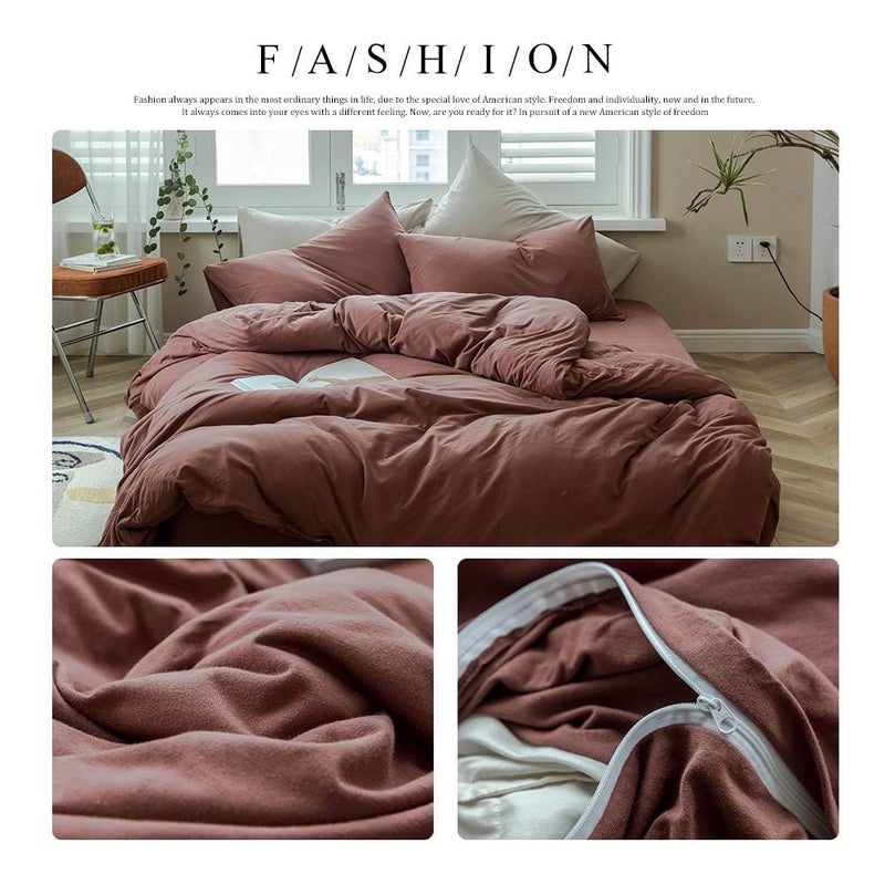 AMWAN Brick Red Duvet Cover King Knitted Cotton Solid Color Bedding Set Simple Style Jersey Knit Cotton Comforter Cover Solid Brick Red Bedding Collection 1 Duvet Cover with 2 Pillowcases King - Image 2