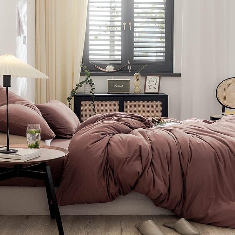AMWAN Brick Red Duvet Cover King Knitted Cotton Solid Color Bedding Set Simple Style Jersey Knit Cotton Comforter Cover Solid Brick Red Bedding Collection 1 Duvet Cover with 2 Pillowcases King - Image 5