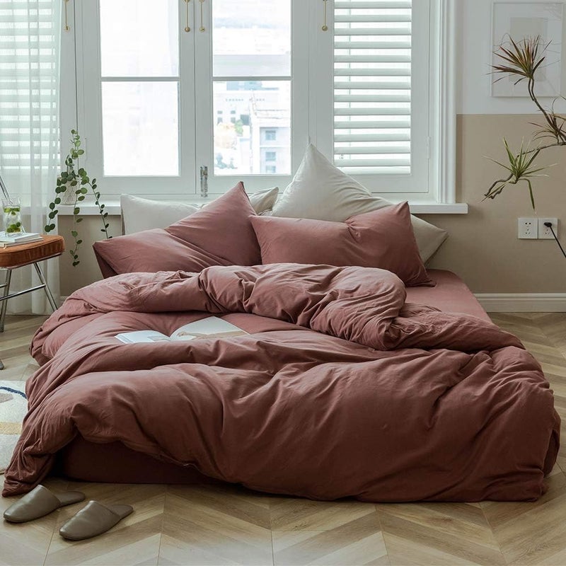 AMWAN Brick Red Duvet Cover King Knitted Cotton Solid Color Bedding Set Simple Style Jersey Knit Cotton Comforter Cover Solid Brick Red Bedding Collection 1 Duvet Cover with 2 Pillowcases King - Image 1