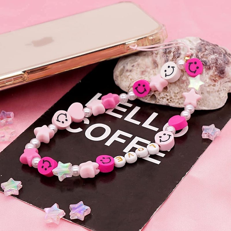 LUSTEMBER Cute Beaded Phone Charm, Smiley Face Wrist Strap, Colorful Handmade Polymer Clay and Pearl Chain - Image 3