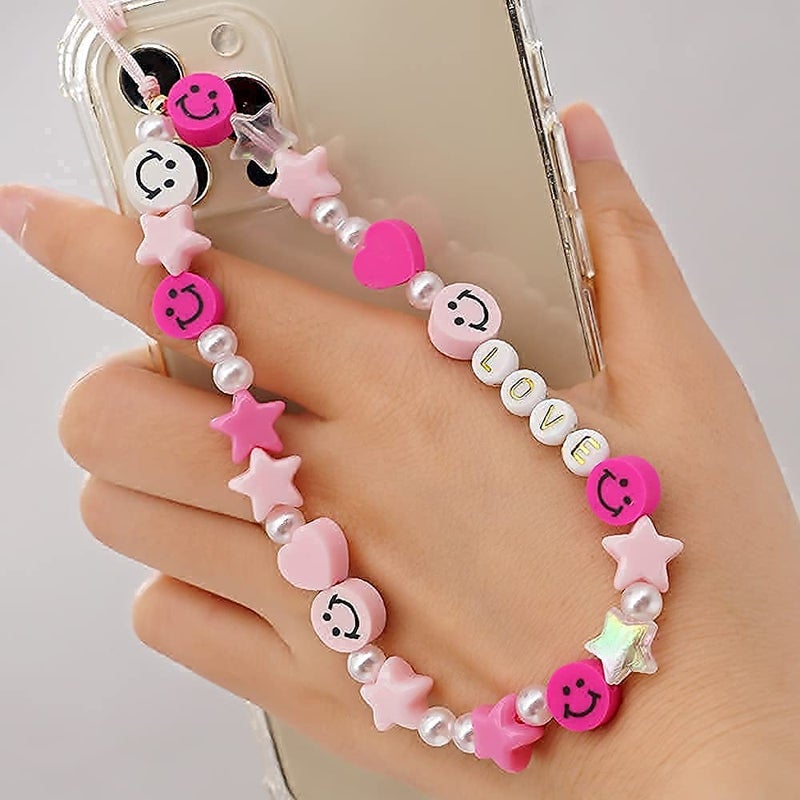 LUSTEMBER Cute Beaded Phone Charm, Smiley Face Wrist Strap, Colorful Handmade Polymer Clay and Pearl Chain - Image 1