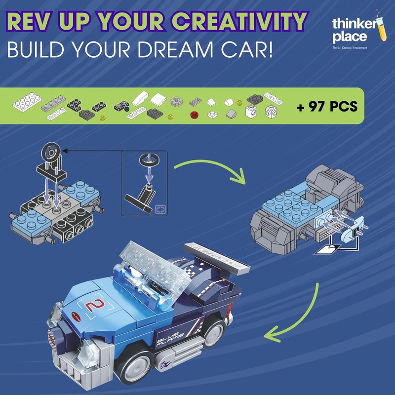 ThinkerPlace 8-in-1 Speed Racing Cars Blue Flame (97 Pieces) | Learn About Electric Vehicles | Building Block Set for Kids Age 6+ | STEM Educational Toy | Build, Collect & Create Big-Size Racing Car - Image 2