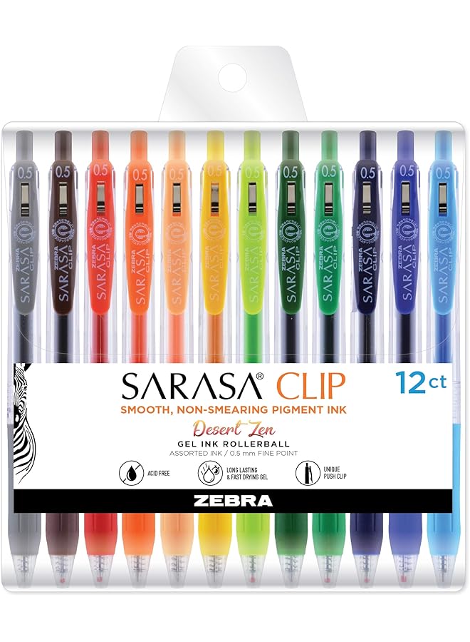 ZEBRA Pen Sarasa Clip Retractable Gel Pen Fine Point 0.5Mm Desert Zen Assorted Colors 12 Pack - Image 1