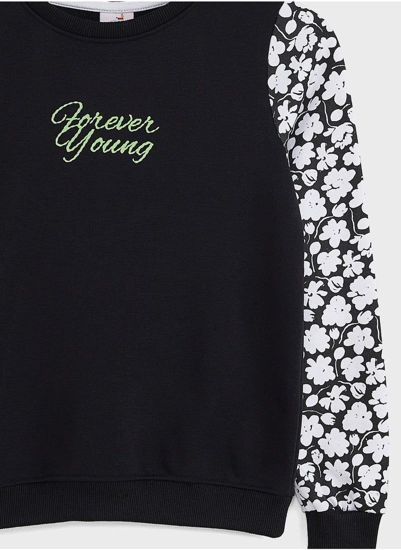Girls Floral Sleeve Printed Sweatshirt