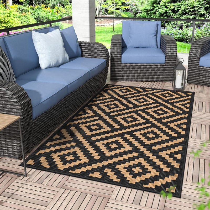GENIMO Outdoor Rug 3'x5' Waterproof, Reversible Camping Mat, Plastic Straw Rugs for Patio, RV, Camper, Balcony, Backyard, Picnic, Deck (Black & Brown) - Image 1
