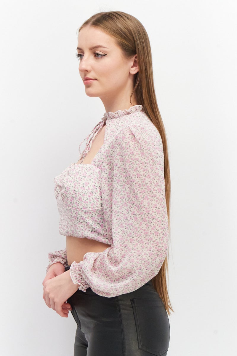 Love Triangle Women Crew Neck Long Sleeves Floral Pattern Crop Top, Lavender Combo - Image 2
