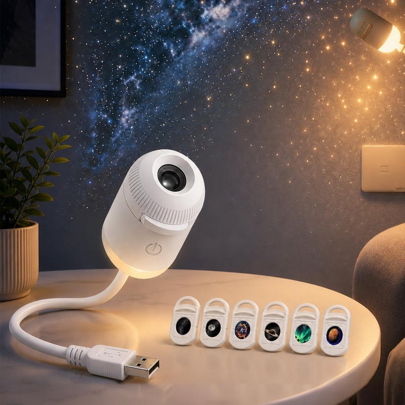 جالاكسي مصباح ليلي 2 في 1 لجهاز عرض النجوم المجرة، يعمل بمنفذ USB، مزود بذراع مرن قابل للتعديل، سطوع قابل للتعديل، عرض سماء مرصعة بالنجوم، وأقراص عرض متعددة للأطفال وديكور المنزل - Image 1