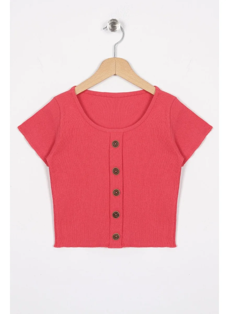 Zepkids Crew Neck Short Sleeve Ribbed Salmon Color Girls T-shirt