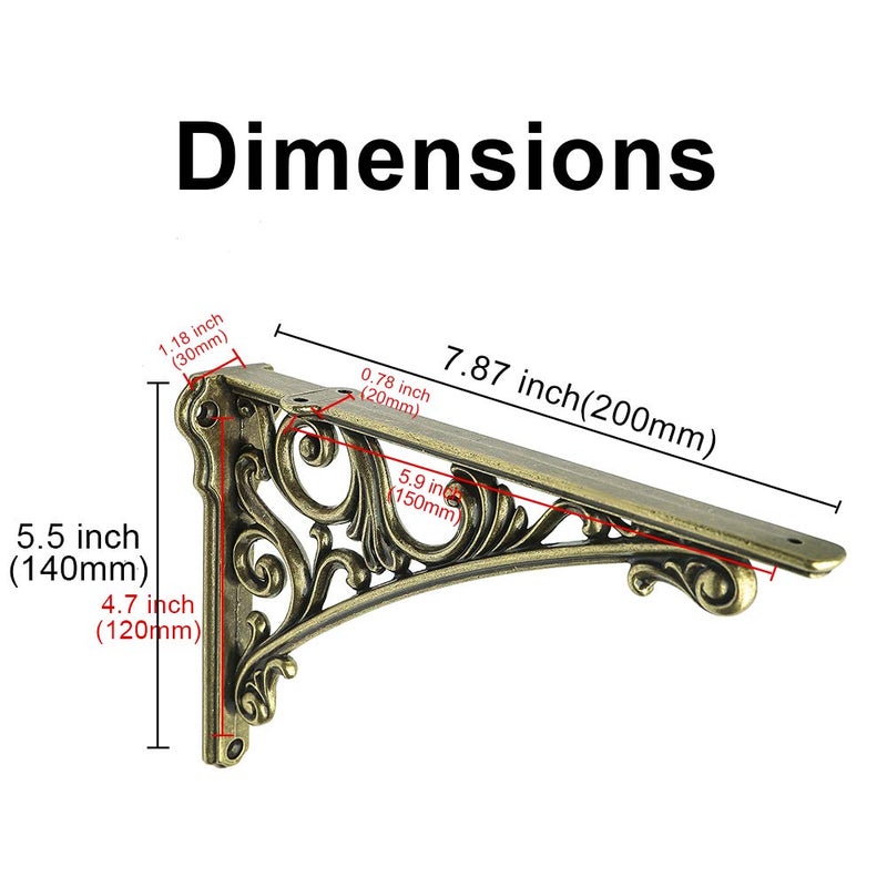 HARPOON 8 Inch Shelf Brackets 2 Pack Heavy Duty Wall Bracket Baroque Kitchen Decorative Rack Shelves Antique Brass - Image 3