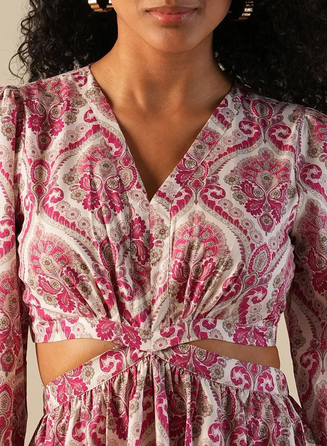 globus Women Pink All-Over Print V Neck Tiered Maxi Dress with Cut Out Detail