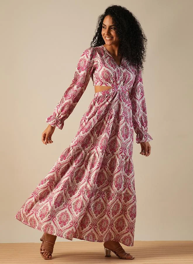 globus Globus Women Pink All-Over Print V Neck Tiered Maxi Dress with Cut Out Detail