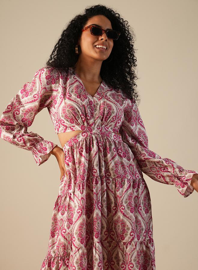 globus Women Pink All-Over Print V Neck Tiered Maxi Dress with Cut Out Detail - Image 5