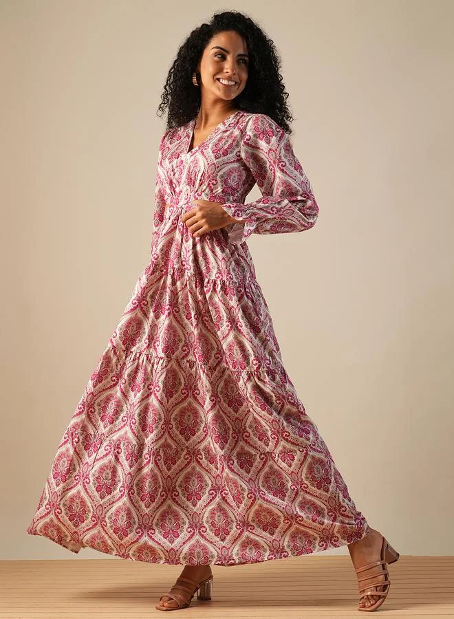 globus Globus Women Pink All-Over Print V Neck Tiered Maxi Dress with Cut Out Detail