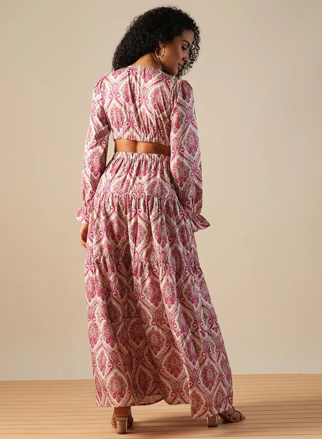 globus Women Pink All-Over Print V Neck Tiered Maxi Dress with Cut Out Detail
