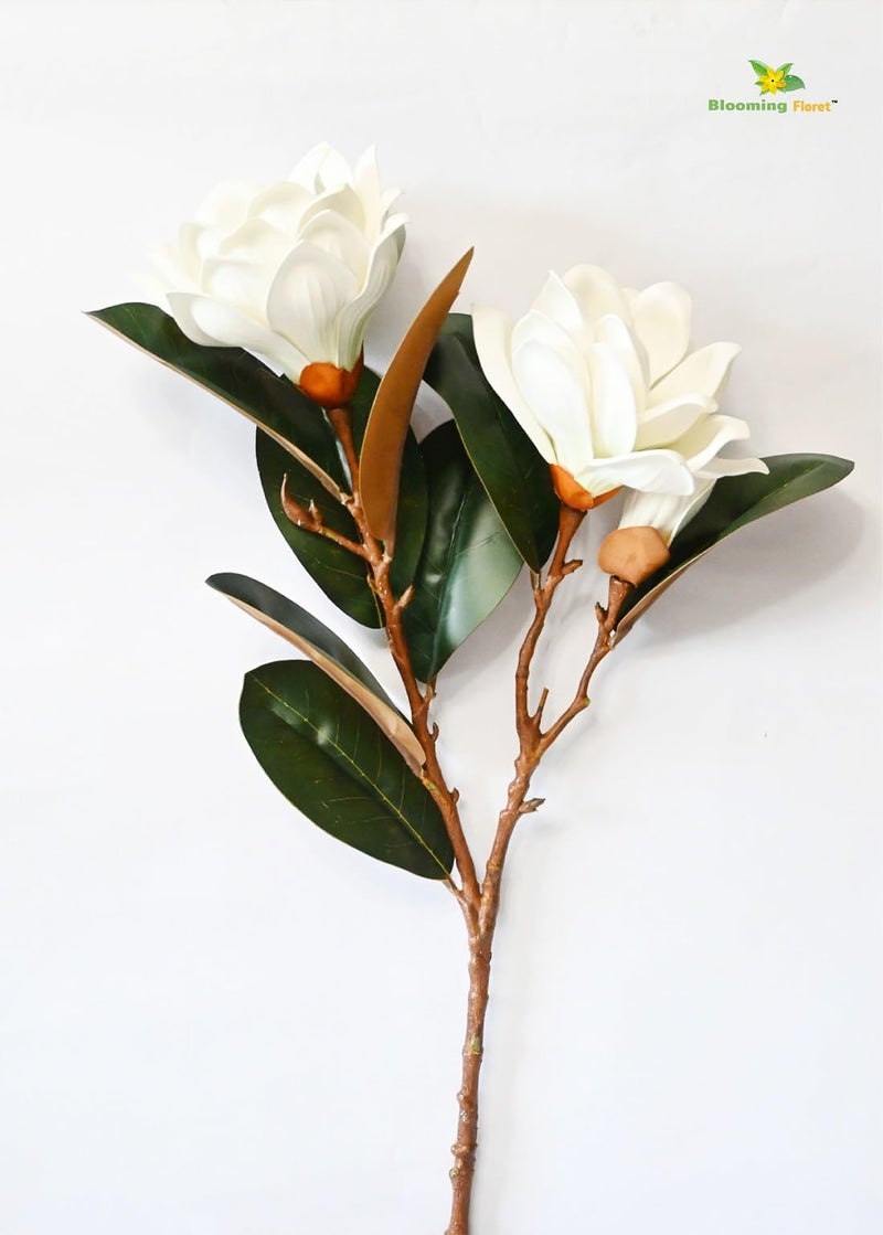 Blooming Floret Realistic Artificial Magnolia Flower Stems – Decorative Faux Flowers with Lifelike Petals and Green Leaves for Home Decor, Wedding Arrangements, and Centerpieces (White) - Image 4