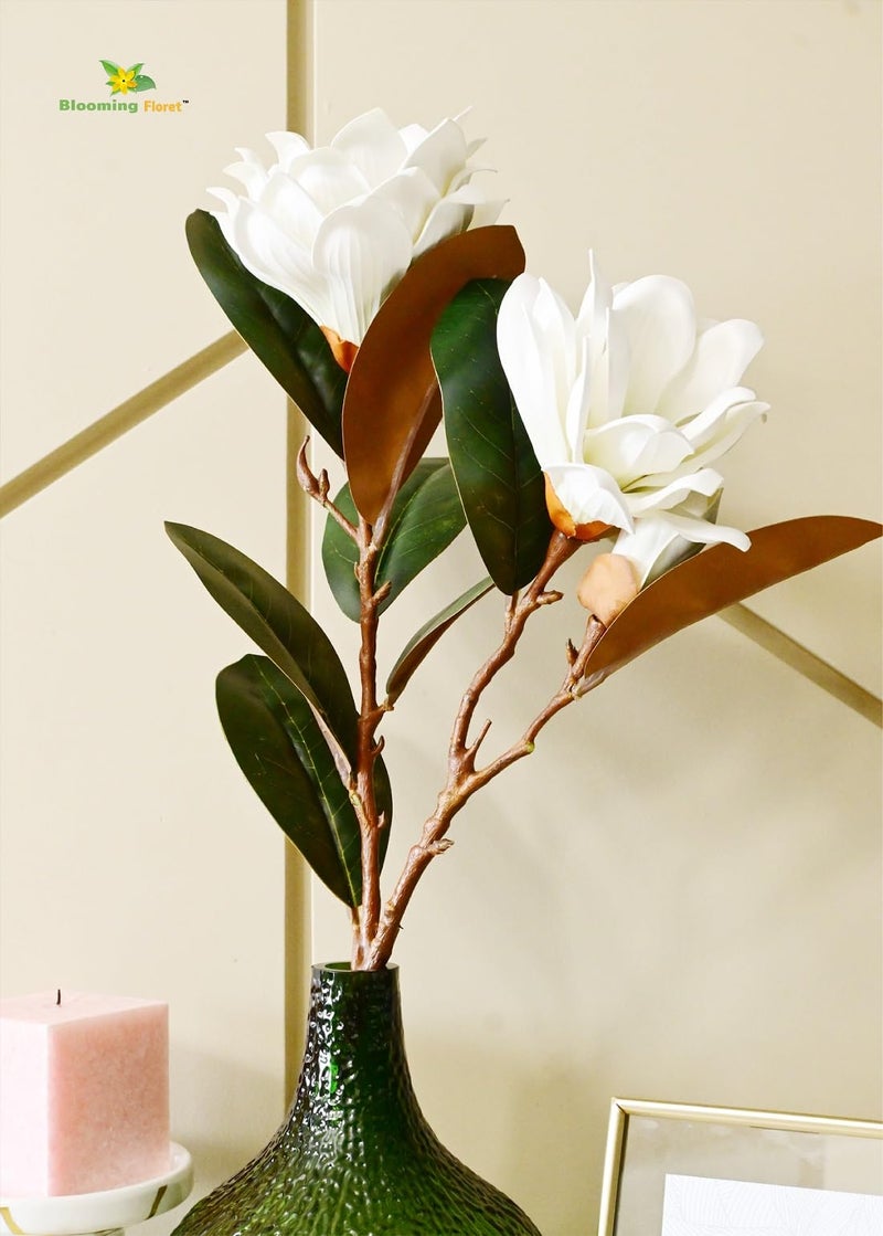Blooming Floret Realistic Artificial Magnolia Flower Stems – Decorative Faux Flowers with Lifelike Petals and Green Leaves for Home Decor, Wedding Arrangements, and Centerpieces (White) - Image 1