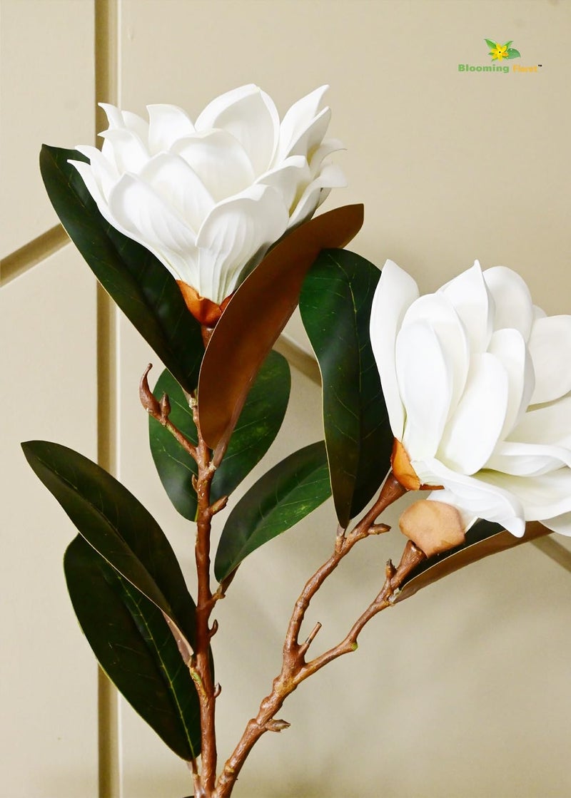 Blooming Floret Realistic Artificial Magnolia Flower Stems – Decorative Faux Flowers with Lifelike Petals and Green Leaves for Home Decor, Wedding Arrangements, and Centerpieces (White) - Image 3