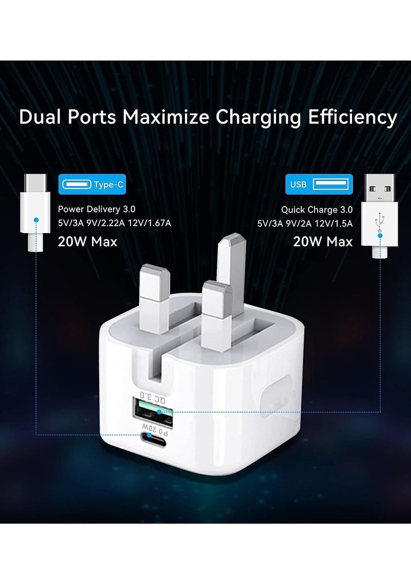 20W USB C Charger Block, 2-Ports [USB-C + USB] Charging Station, QC PD3.0 GaN Fast Charging Block, Type C Power Adapter for iPad Pro/iPhone/Samsung Note/Galaxy (With Cable)
