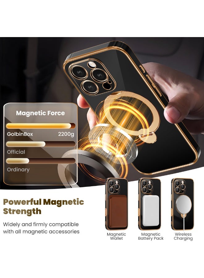 جولبينبوكس غطاء هاتف آيفون 16 برو مع حامل مغناطيسي دوار بزاوية 360°، متوافق مع MagSafe، حماية من السقوط، حامل حلقي مدمج، غطاء مقاوم للصدمات لهاتف 16 برو، أسود ذهبي - Image 2