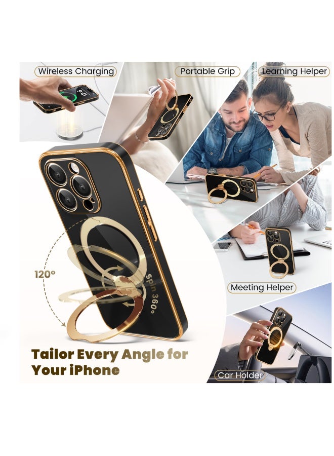 جولبينبوكس غطاء هاتف آيفون 16 برو مع حامل مغناطيسي دوار بزاوية 360°، متوافق مع MagSafe، حماية من السقوط، حامل حلقي مدمج، غطاء مقاوم للصدمات لهاتف 16 برو، أسود ذهبي - Image 3