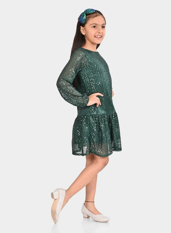 Bonkids Girl's Green 100% Cotton Printed Regular Fit Dress