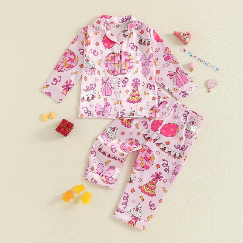 Kuriozud Toddler Kids Little Girls Birthday Satin Silk Pajamas Long Sleeve Button Down Sleepwear Fall Pjs Set Nightgown 1-9 Y (Pink, 2-3 Years) - Image 4