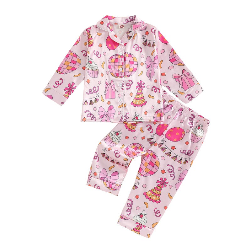 Kuriozud Toddler Kids Little Girls Birthday Satin Silk Pajamas Long Sleeve Button Down Sleepwear Fall Pjs Set Nightgown 1-9 Y (Pink, 2-3 Years) - Image 1