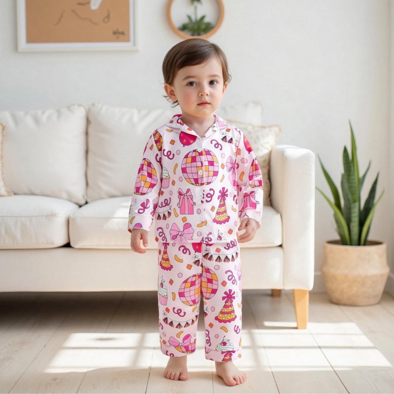 Kuriozud Toddler Kids Little Girls Birthday Satin Silk Pajamas Long Sleeve Button Down Sleepwear Fall Pjs Set Nightgown 1-9 Y (Pink, 2-3 Years) - Image 2